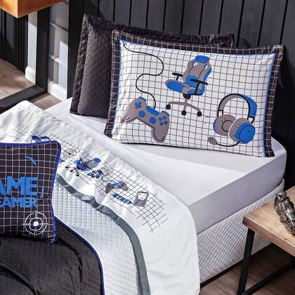 Imagem de Jogo de Cama Lençol CASAL PADRÃO Game Streamer Branco/Azul com Fronhas Estampadas 04 Peças 200 Fios