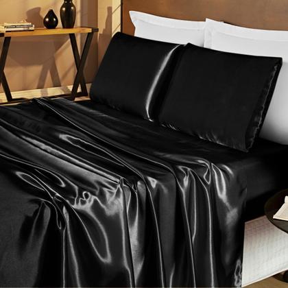 Imagem de Jogo De Cama Lençol Cetim Casal Romantic 04 Peças - Preto