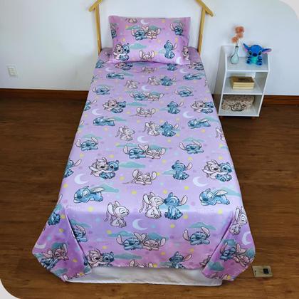 Imagem de Jogo de Cama Lençol e Fronha Solteiro Estampado Stitch 1,40 x 2,20 Menina