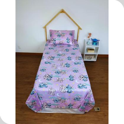 Imagem de Jogo de Cama Lençol e Fronha Solteiro Estampado Stitch 1,40 x 2,20 Menina