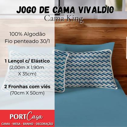 Imagem de Jogo De Cama Lençol King Vivaldi Fio Penteado 100 Algodão 3Pçs 200x190x35cm