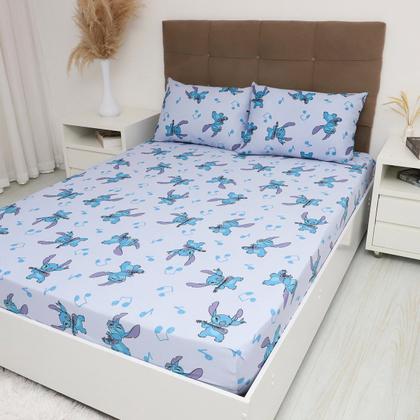 Imagem de Jogo de Cama Portallar Casal Malha Mista 70% Algodão e 30% Poliéster Estampado Disney Stitch Song 3 Peças Azul