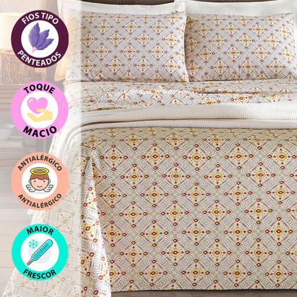 Imagem de Jogo de Cama Queen 4 peças Lençol com Elástico 100% Algodão Percal 130 Fios 158x198x35cm Dohler