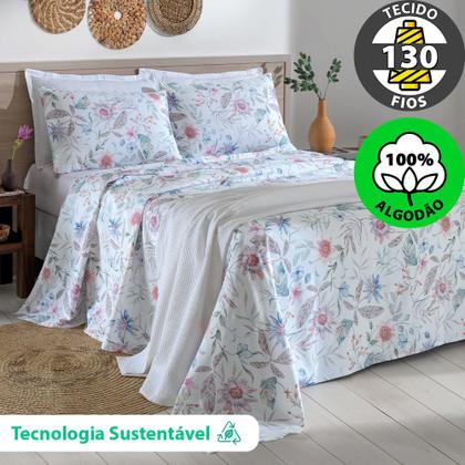 Imagem de Jogo de Cama Queen 4 peças Lençol com Elástico 100% Algodão Percal 130 Fios 158x198x35cm Dohler