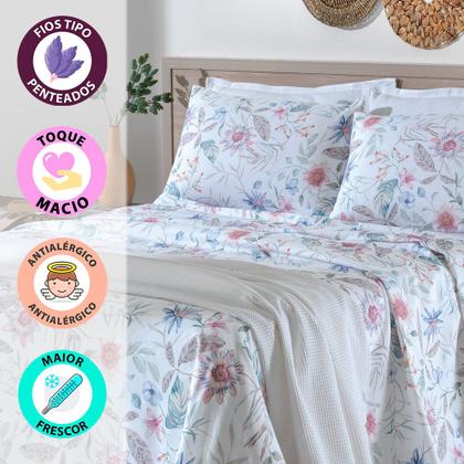 Imagem de Jogo de Cama Queen 4 peças Lençol com Elástico 100% Algodão Percal 130 Fios 158x198x35cm Dohler