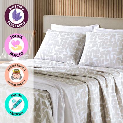 Imagem de Jogo de Cama Queen 4 peças Lençol com Elástico 100% Algodão Percal 130 Fios 158x198x35cm Dohler