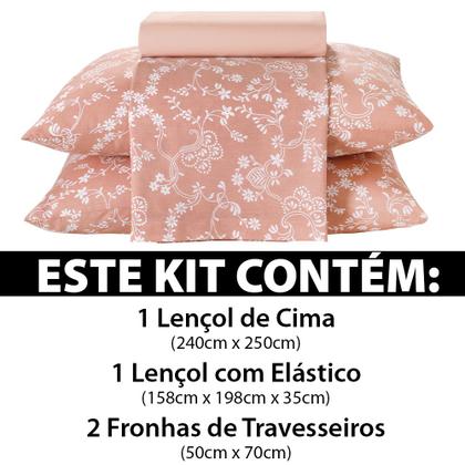 Imagem de Jogo de Cama Queen 4 peças Lençol com Elástico 100% Algodão Percal 130 Fios 158x198x35cm Dohler