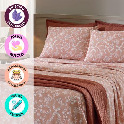 Imagem de Jogo de Cama Queen 4 peças Lençol com Elástico 100% Algodão Percal 130 Fios 158x198x35cm Dohler