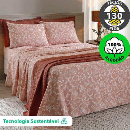 Imagem de Jogo de Cama Queen 4 peças Lençol com Elástico 100% Algodão Percal 130 Fios 158x198x35cm Dohler