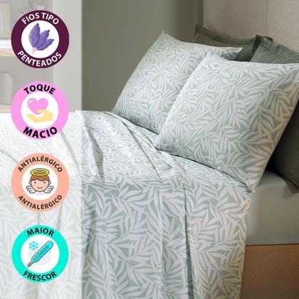 Imagem de Jogo de Cama Queen 4 peças Lençol com Elástico 100% Algodão Percal 130 Fios 158x198x35cm Dohler