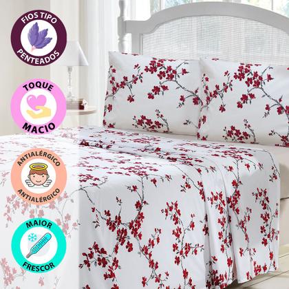 Imagem de Jogo de Cama Queen 4 peças Lençol com Elástico 100% Algodão Percal 130 Fios 158x198x35cm Dohler