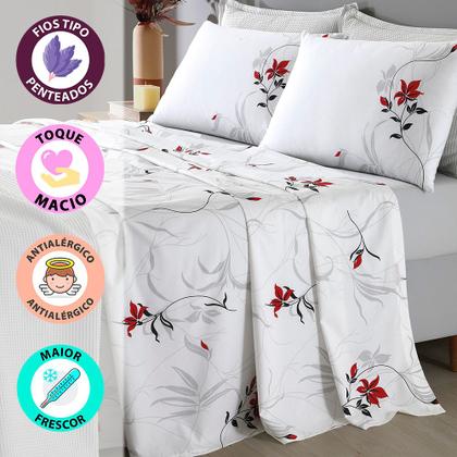 Imagem de Jogo de Cama Queen 4 Peças Lençol com Elástico 100% Algodão Percal 180 Fios 158x198x35cm - Dohler