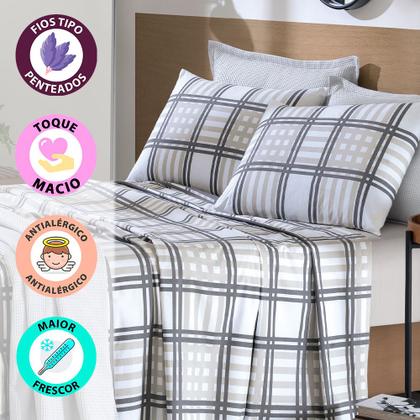 Imagem de Jogo de Cama Queen 4 Peças Lençol com Elástico 100% Algodão Percal 180 Fios 158x198x35cm - Dohler