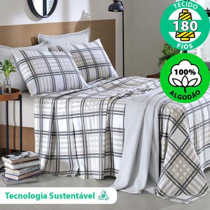Imagem de Jogo de Cama Queen 4 Peças Lençol com Elástico 100% Algodão Percal 180 Fios 158x198x35cm - Dohler