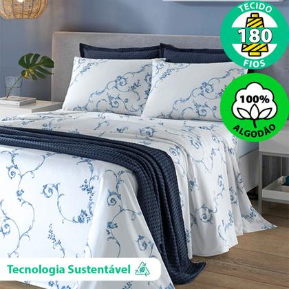 Imagem de Jogo de Cama Queen 4 Peças Lençol com Elástico 100% Algodão Percal 180 Fios 158x198x35cm - Dohler