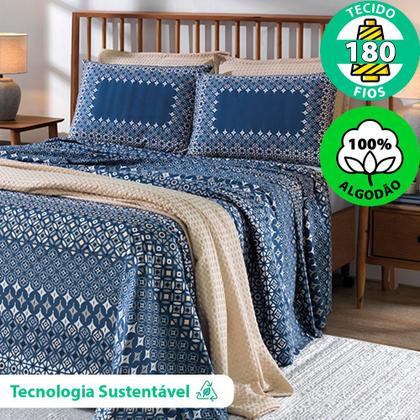 Imagem de Jogo de Cama Queen 4 Peças Lençol com Elástico 100% Algodão Percal 180 Fios 158x198x35cm - Dohler