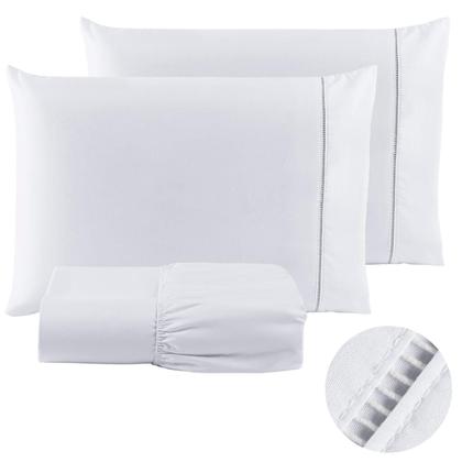 Imagem de Jogo de Cama Queen Lençol com Elástico 200 Fios Ponto Palito Branco 03 Peças