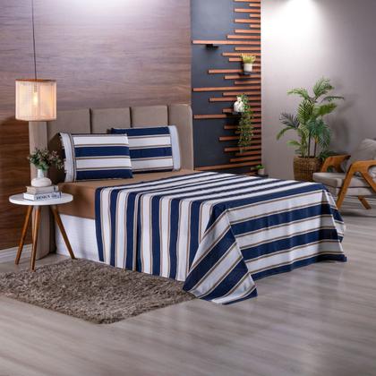 Imagem de Jogo de Cama Refúgio Casal Percal Algodão Luxo 4 Peças Azul Listrado