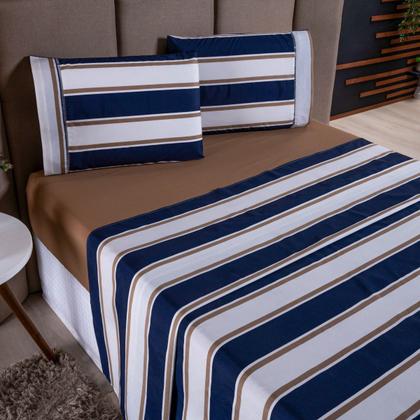 Imagem de Jogo de Cama Refúgio Casal Percal Algodão Luxo 4 Peças Azul Listrado