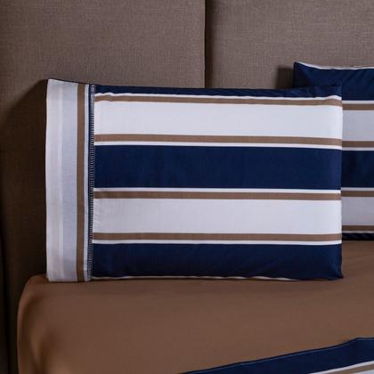 Imagem de Jogo de Cama Refúgio Casal Percal Algodão Luxo 4 Peças Azul Listrado