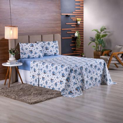 Imagem de Jogo de Cama Refúgio Solteiro Percal 180 Fios Algodão Luxo 3 Pçs Floral Azul
