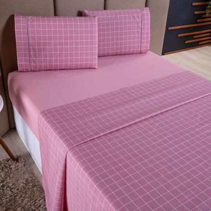 Imagem de Jogo de Cama Refúgio Solteiro Percal Algodão Luxo 3 Peças Grid Rosa