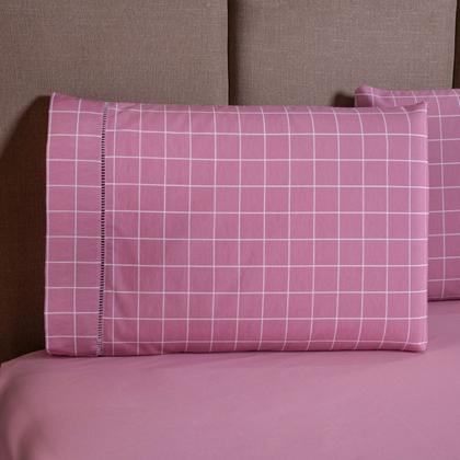 Imagem de Jogo de Cama Refúgio Solteiro Percal Algodão Luxo 3 Peças Grid Rosa