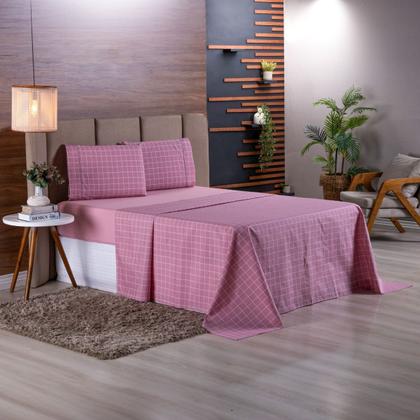 Imagem de Jogo de Cama Refúgio Solteiro Percal Algodão Luxo 3 Peças Grid Rosa