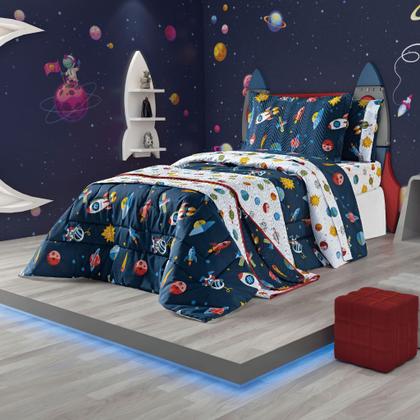 Imagem de Jogo de Cama Solteiro Astro Azul Marinho 03 Peças 180 fios