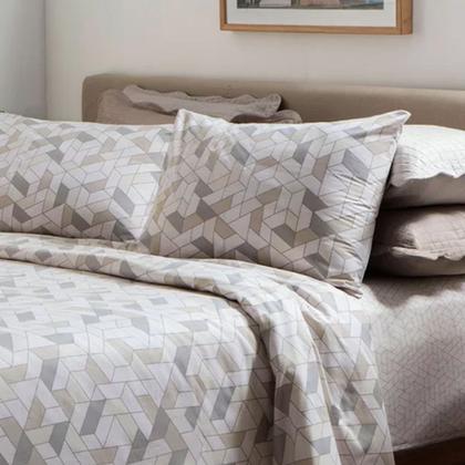 Imagem de Jogo de Cama Solteiro Corttex Due Geometrico Bege Azul 3 Pçs ( 2 Lençois e 1 Fronha)