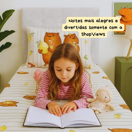 Imagem de Jogo de Cama Solteiro Infantil Com Elástico 2 Peças Estampa Capivara Divertida