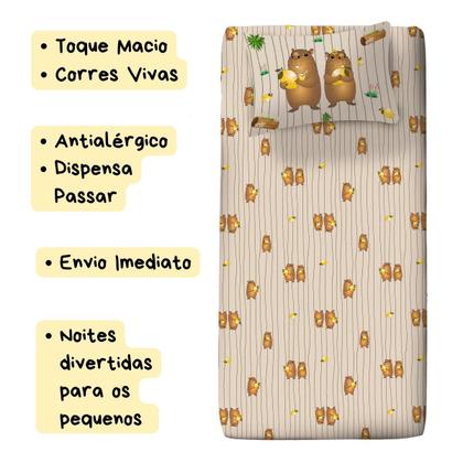 Imagem de Jogo de Cama Solteiro Infantil Com Elástico 2 Peças Estampa Capivara Divertida