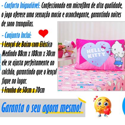 Imagem de Jogo de Cama Solteiro Infantil Lençol Menina Hello Kitty 2 Peças Estampado Personagens - Com Elástico