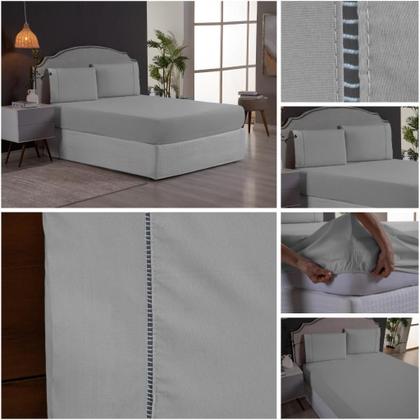 Imagem de Jogo de Cama Super King 3 Peças Percal 200 Fios com Ponto Palito Lençol com Elástico e Fronhas