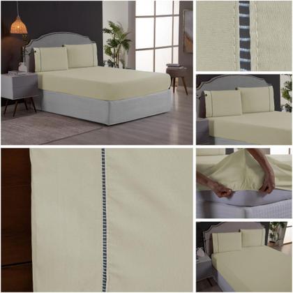 Imagem de Jogo de Cama Super King 3 Peças Percal 200 Fios com Ponto Palito Lençol com Elástico e Fronhas