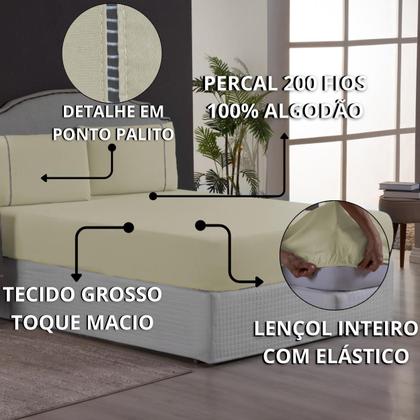 Imagem de Jogo de Cama Super King 3 Peças Percal 200 Fios com Ponto Palito Lençol com Elástico e Fronhas