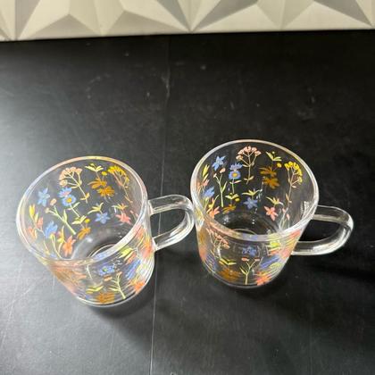 Imagem de Jogo de caneca de vidro decorada com flores 2 peças Lyor 200ml kit conjunto canecas xícaras xicara café chá leite flor