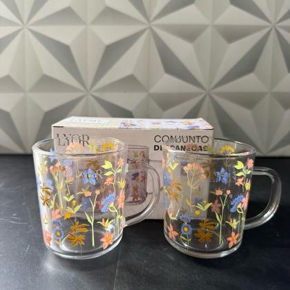 Imagem de Jogo de caneca de vidro decorada com flores 2 peças Lyor 200ml kit conjunto canecas xícaras xicara café chá leite flor