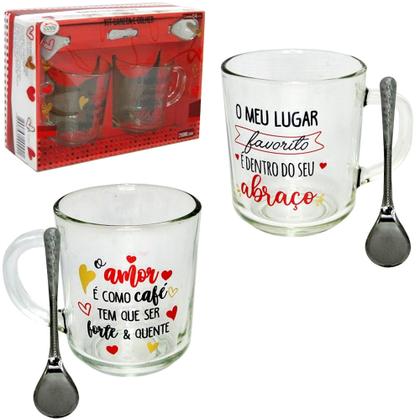 Imagem de Jogo de caneca de vidro para cafe / cappuccino frases + colher com 4 pecas 250ML na caixa