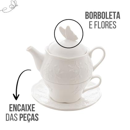 Imagem de Jogo de Chá Conjunto 3 Peças Bule Xícara Pires Porcelana Butterfly Flower Lyor