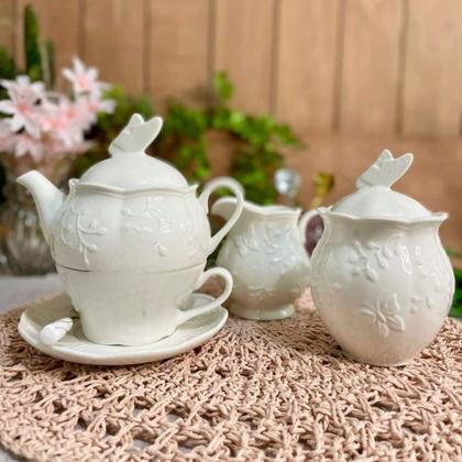 Imagem de Jogo de Chá Conjunto 3 Peças Bule Xícara Pires Porcelana Butterfly Flower Lyor