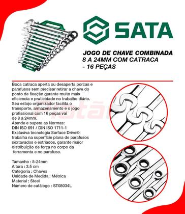 Imagem de Jogo de Chave Combinada com Catraca 8 a 24mm 16 Peças - Sata