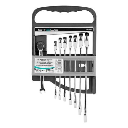Imagem de Jogo de Chave Combinada com Catraca Cromo Vanadio Cromado 8pcs Stels