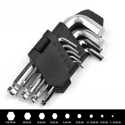 Imagem de Jogo De Chaves Allen Hexagonal Curta 1,5 A 10mm Ponta Abaulada CR-V Profissional 9 Peças