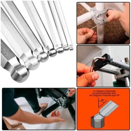 Imagem de Jogo De Chaves Allen Hexagonal Curta 1,5 A 10mm Ponta Abaulada CR-V Profissional 9 Peças