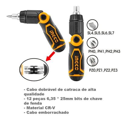 Imagem de Jogo de Chaves Bits Com Catraca Dobravel Ingco  AKISD1208