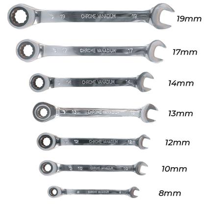 Imagem de Jogo de Chaves Combinada Com Chave Catraca Com 7 Peças 8mm 10mm 12mm 13mm 14mm 17mm 19mm