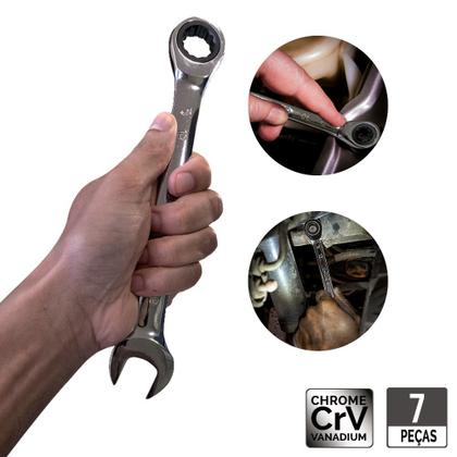 Imagem de Jogo de Chaves Combinada Com Chave Catraca Com 7 Peças 8mm 10mm 12mm 13mm 14mm 17mm 19mm