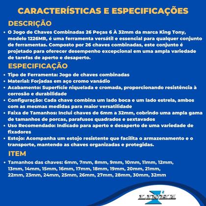 Imagem de Jogo De Chaves Combinadas 26 Peças 6 À 32mm King Tony 1226MR