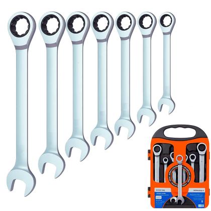 Imagem de Jogo de Chaves Combinadas com Catraca 7 Peças Aço Cromo 8-19 mm Para Porcas